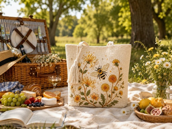 🔥Last Day 49% OFF-🐝 Handmade Crochet Bee Embroidered Tote Bag (✨2026 Limited Edition)