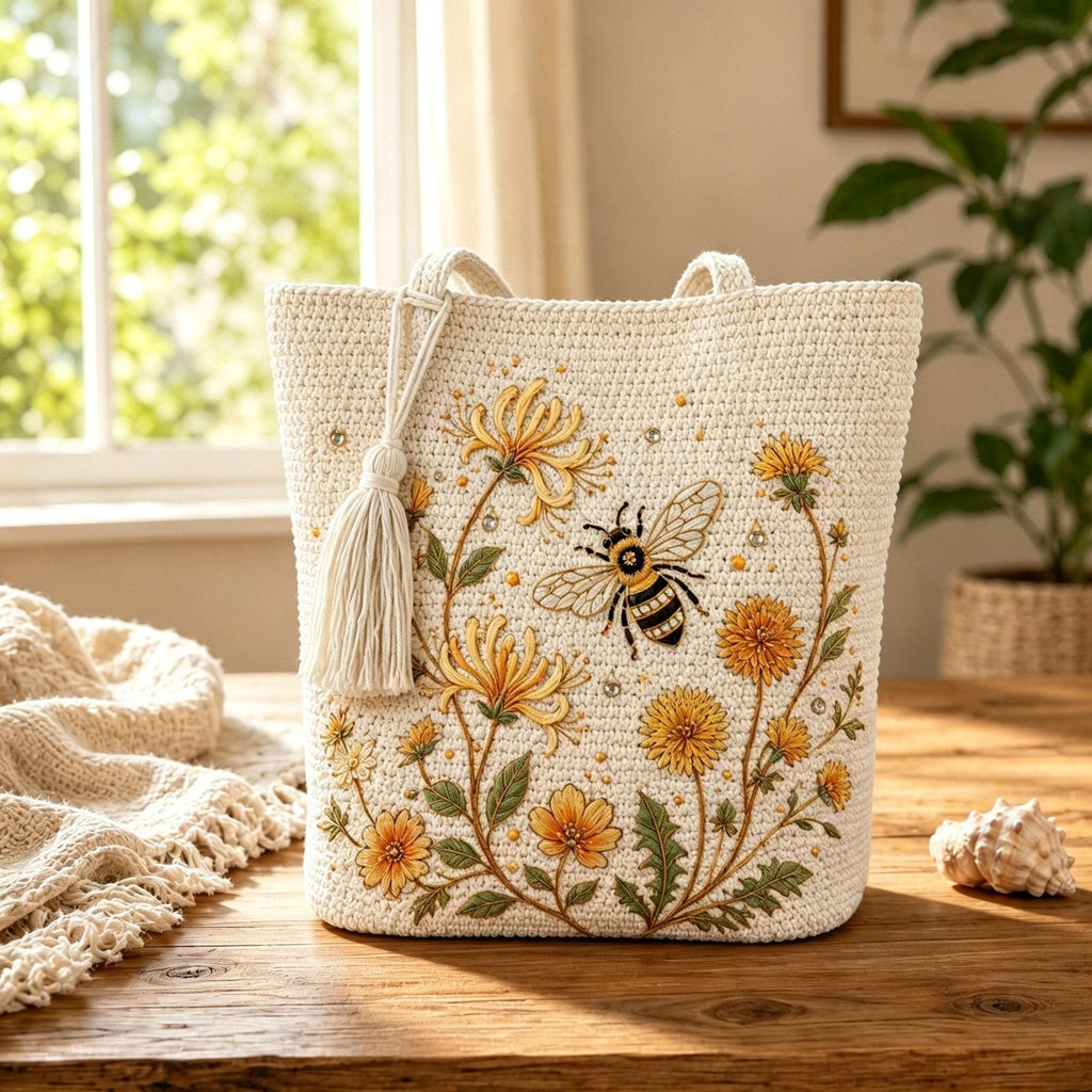 🔥Last Day 49% OFF-🐝 Handmade Crochet Bee Embroidered Tote Bag (✨2026 Limited Edition)