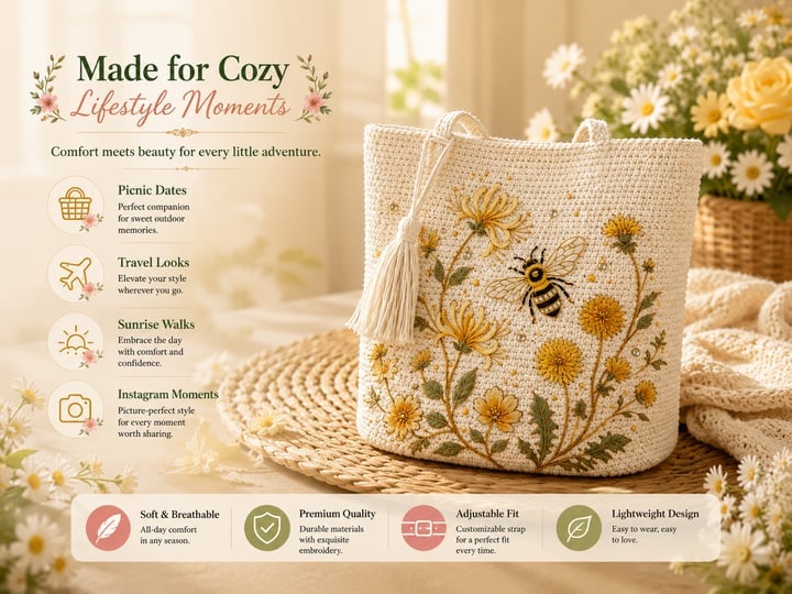 🔥Last Day 49% OFF-🐝 Handmade Crochet Bee Embroidered Tote Bag (✨2026 Limited Edition)
