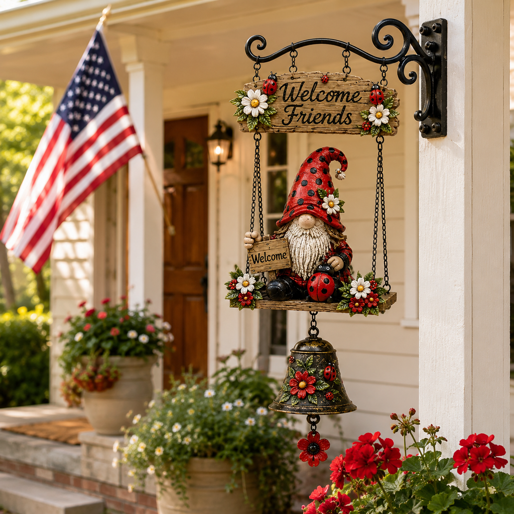 Ladybug Gnome Welcome Hanging Bell Decor – Rustic Porch & Garden Wall Ornament