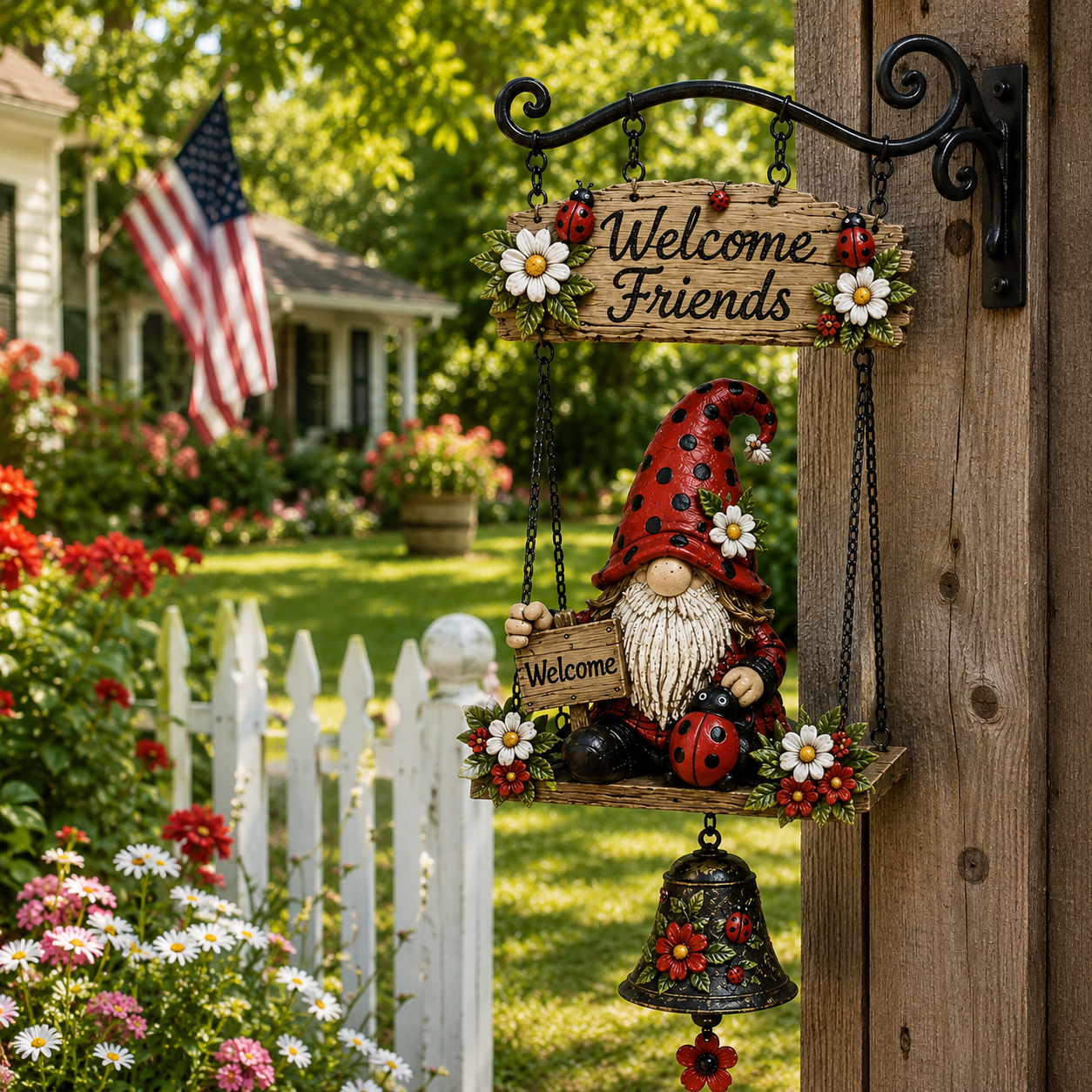 Ladybug Gnome Welcome Hanging Bell Decor – Rustic Porch & Garden Wall Ornament