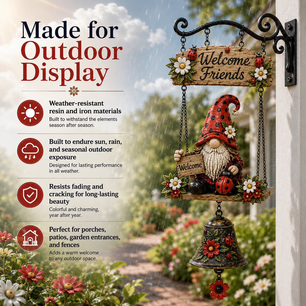 Ladybug Gnome Welcome Hanging Bell Decor – Rustic Porch & Garden Wall Ornament