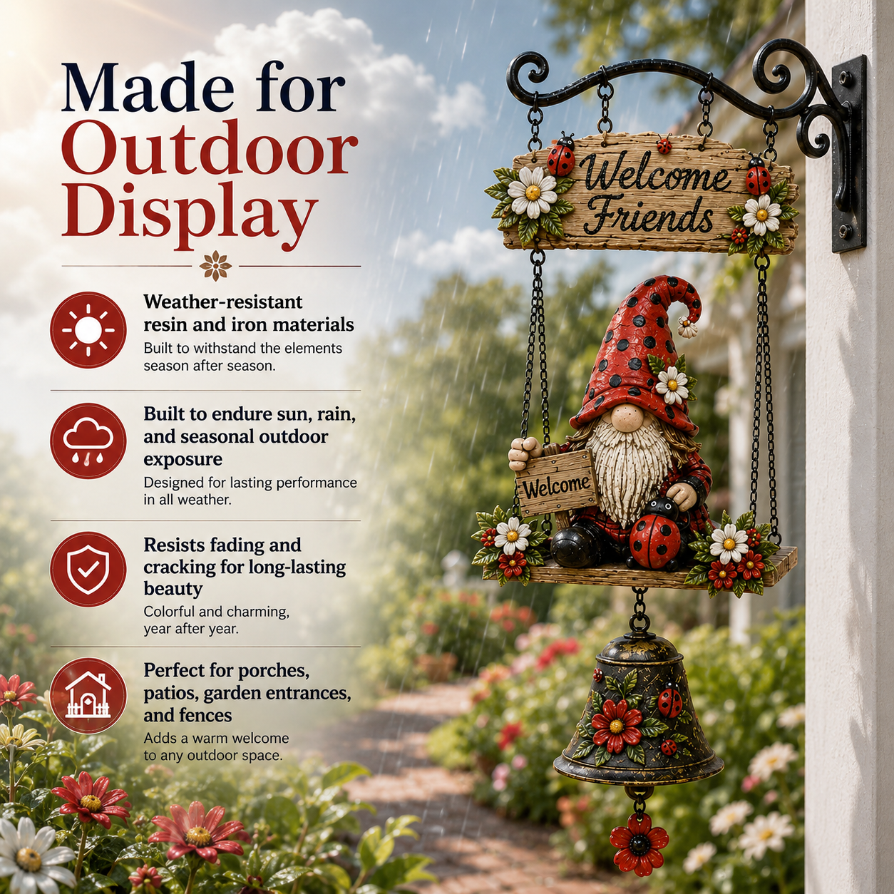 Ladybug Gnome Welcome Hanging Bell Decor – Rustic Porch & Garden Wall Ornament