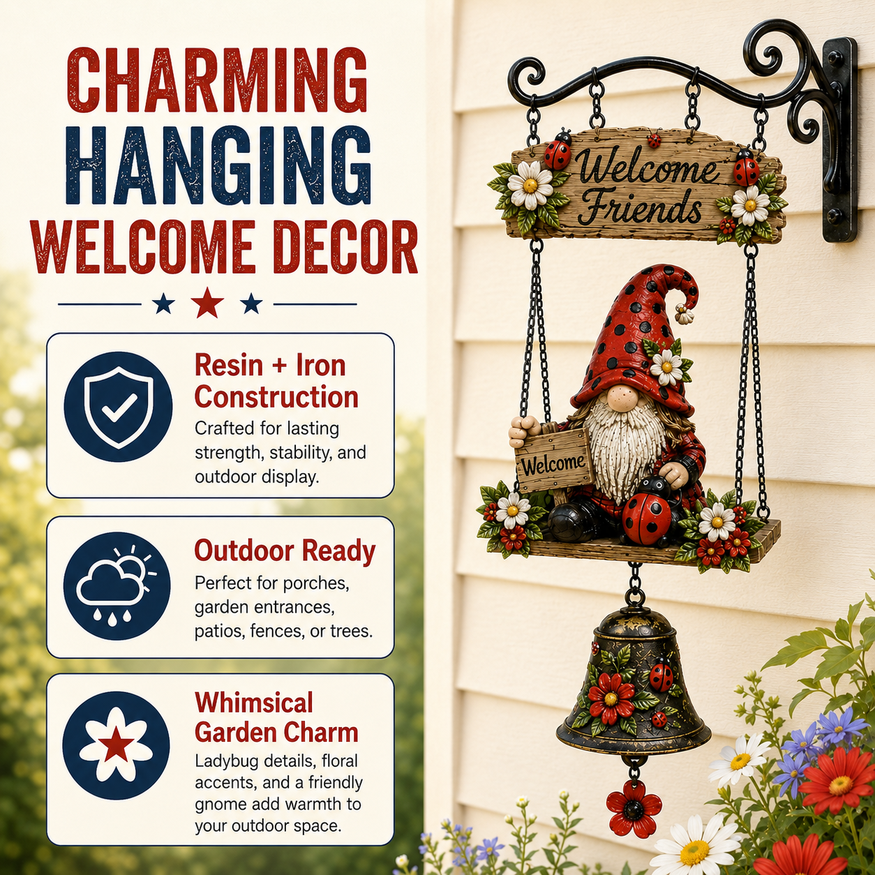 Ladybug Gnome Welcome Hanging Bell Decor – Rustic Porch & Garden Wall Ornament