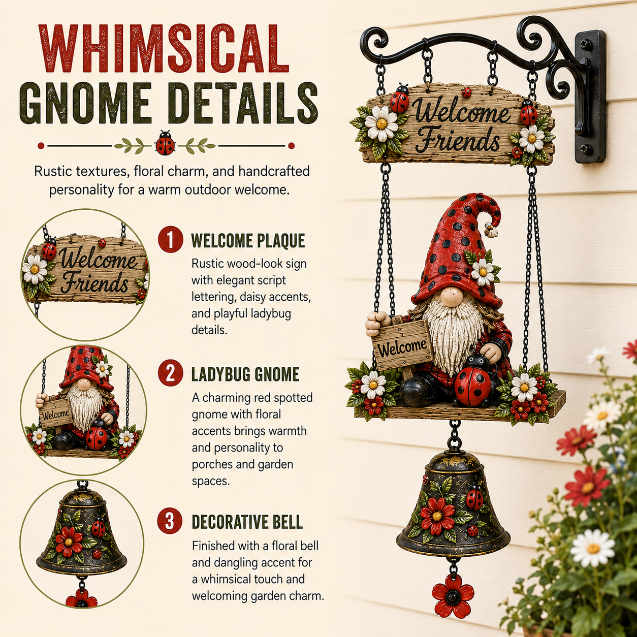Ladybug Gnome Welcome Hanging Bell Decor – Rustic Porch & Garden Wall Ornament