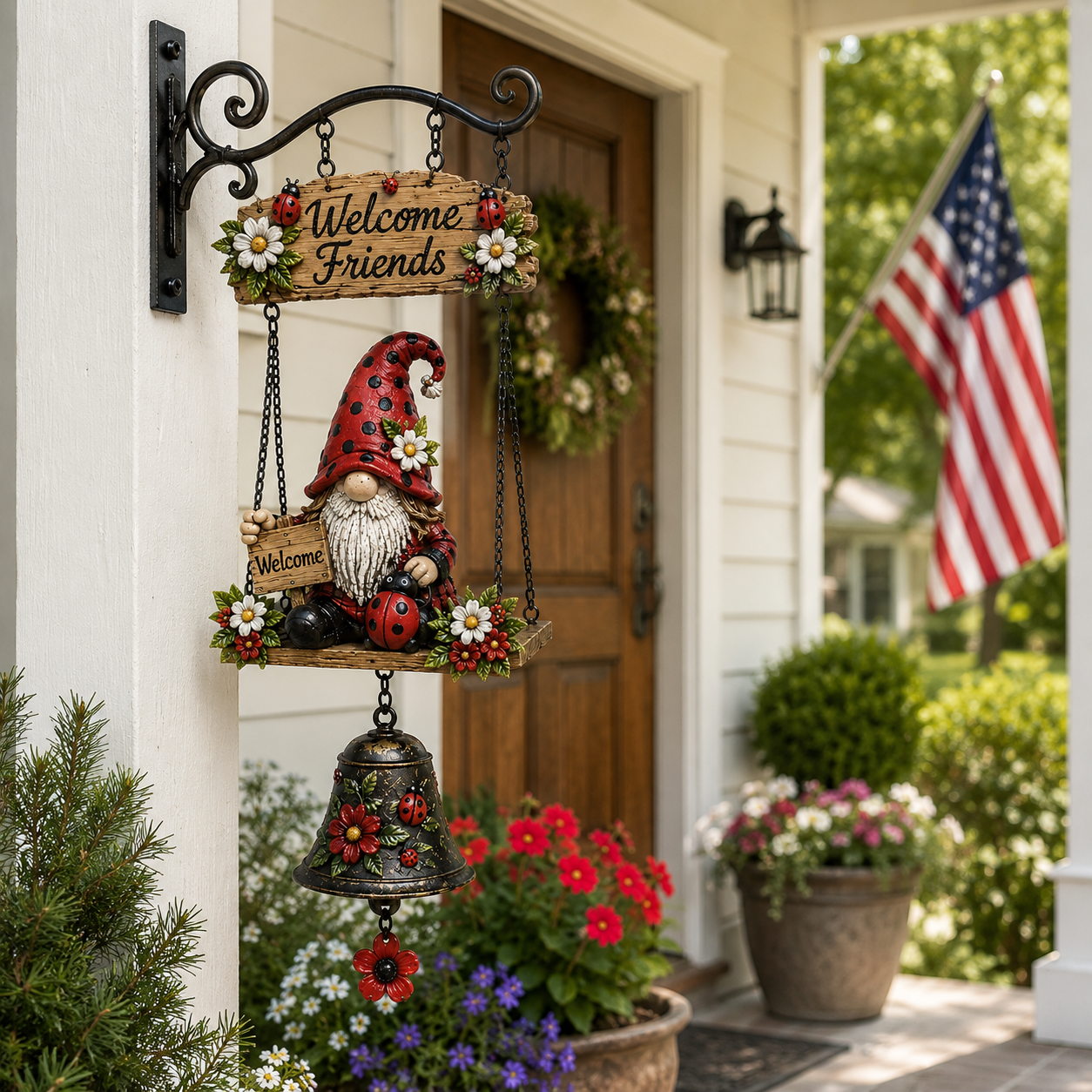 Ladybug Gnome Welcome Hanging Bell Decor – Rustic Porch & Garden Wall Ornament