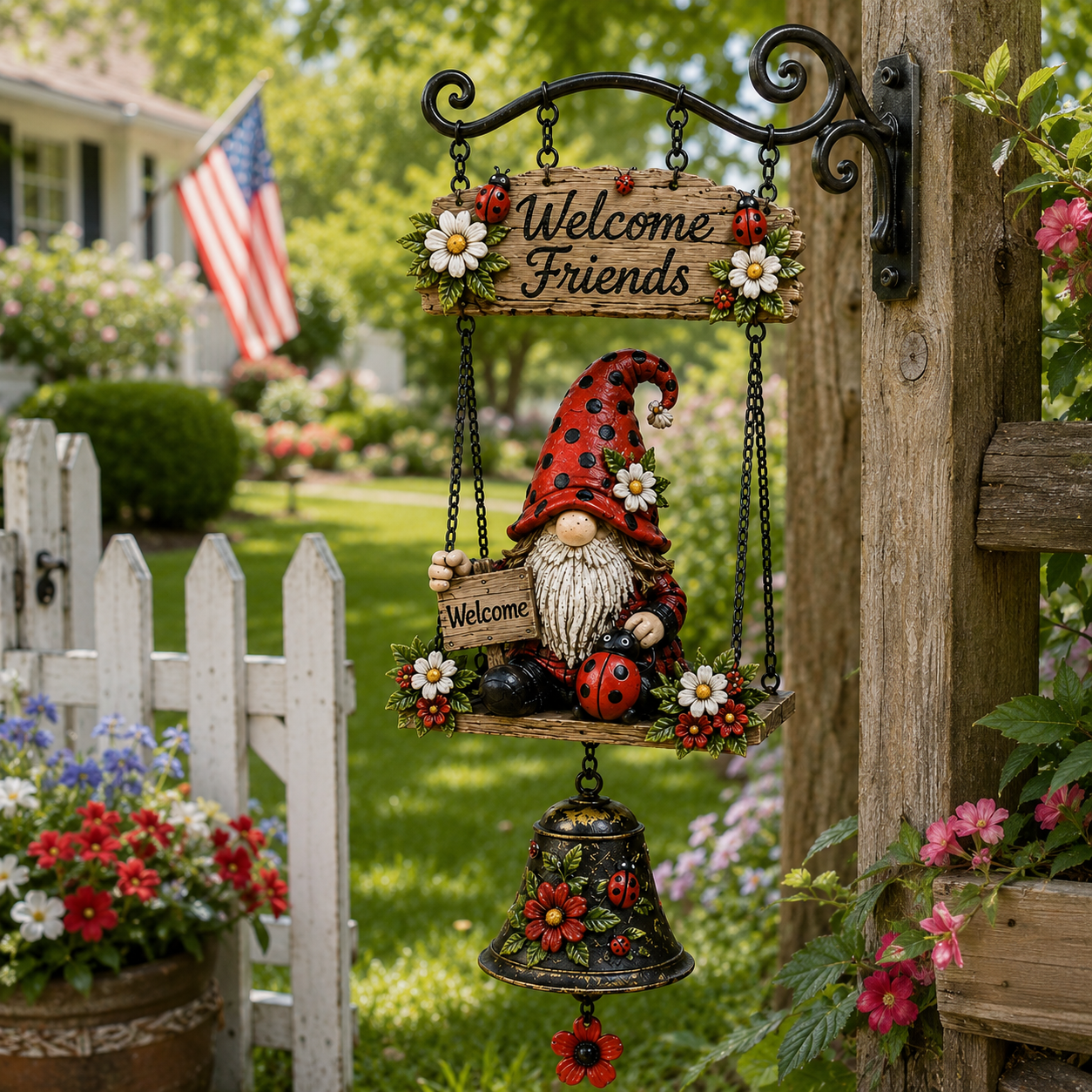 Ladybug Gnome Welcome Hanging Bell Decor – Rustic Porch & Garden Wall Ornament