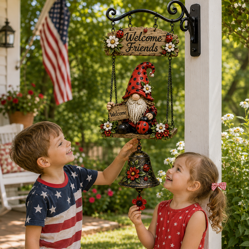 Ladybug Gnome Welcome Hanging Bell Decor – Rustic Porch & Garden Wall Ornament