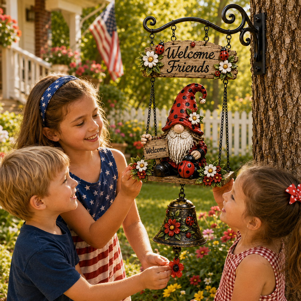 Ladybug Gnome Welcome Hanging Bell Decor – Rustic Porch & Garden Wall Ornament