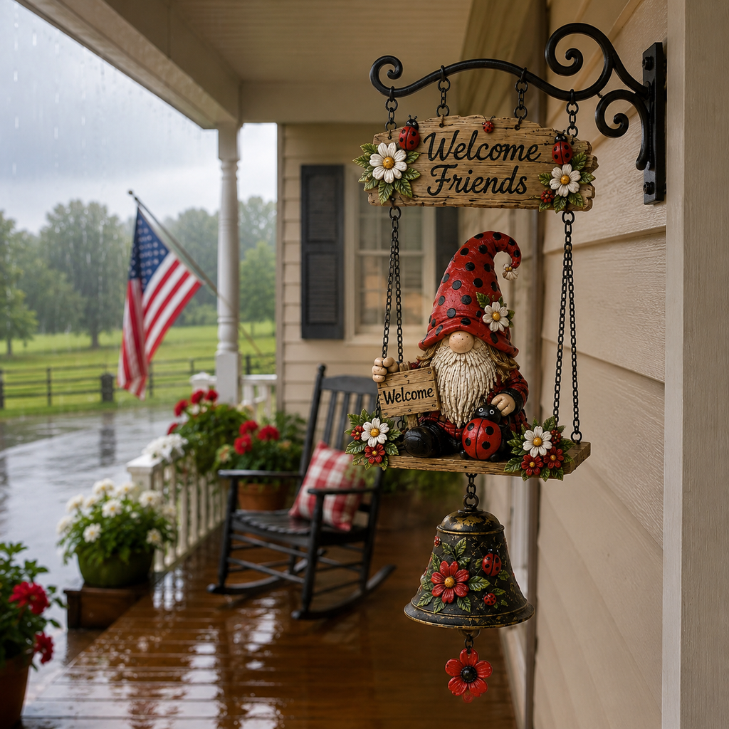Ladybug Gnome Welcome Hanging Bell Decor – Rustic Porch & Garden Wall Ornament