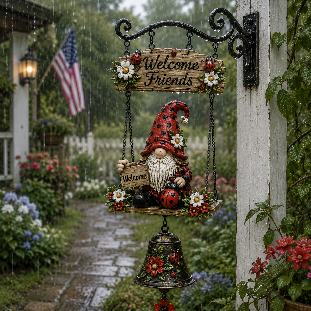 Ladybug Gnome Welcome Hanging Bell Decor – Rustic Porch & Garden Wall Ornament