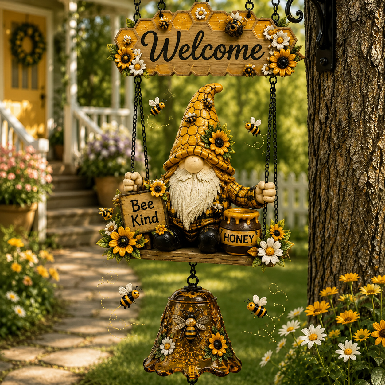 Ladybug Gnome Welcome Hanging Bell Decor – Rustic Porch & Garden Wall Ornament