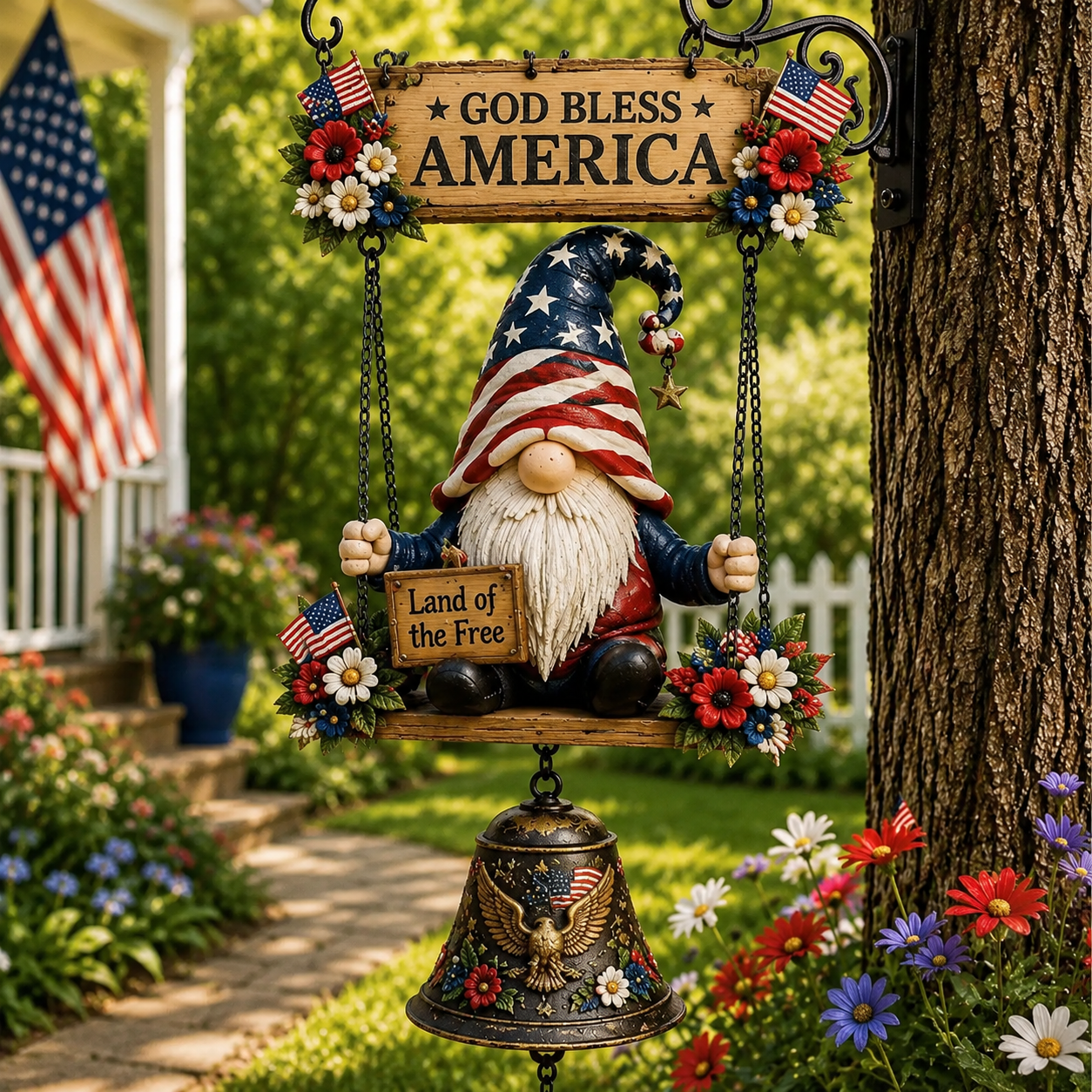 Ladybug Gnome Welcome Hanging Bell Decor – Rustic Porch & Garden Wall Ornament
