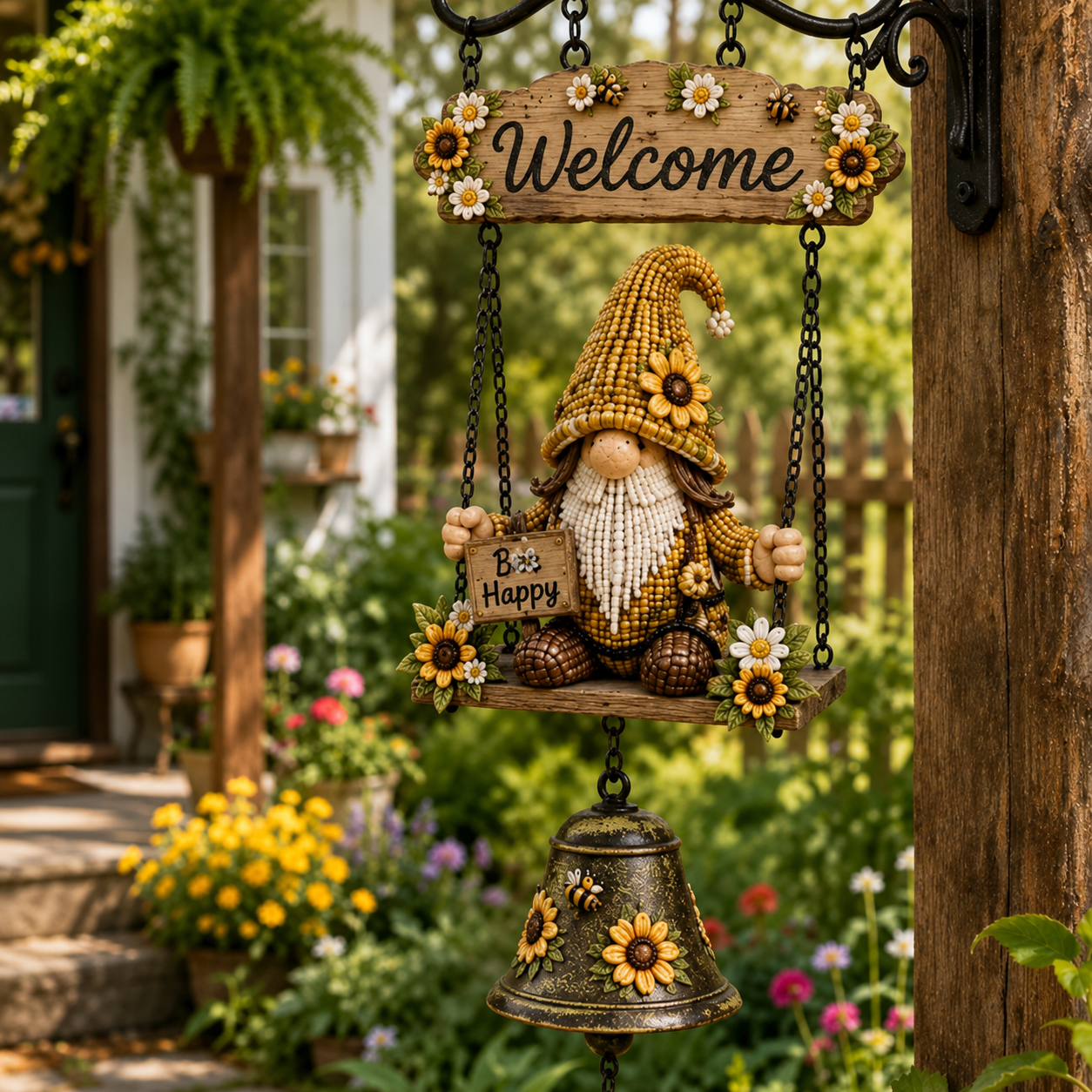 Ladybug Gnome Welcome Hanging Bell Decor – Rustic Porch & Garden Wall Ornament