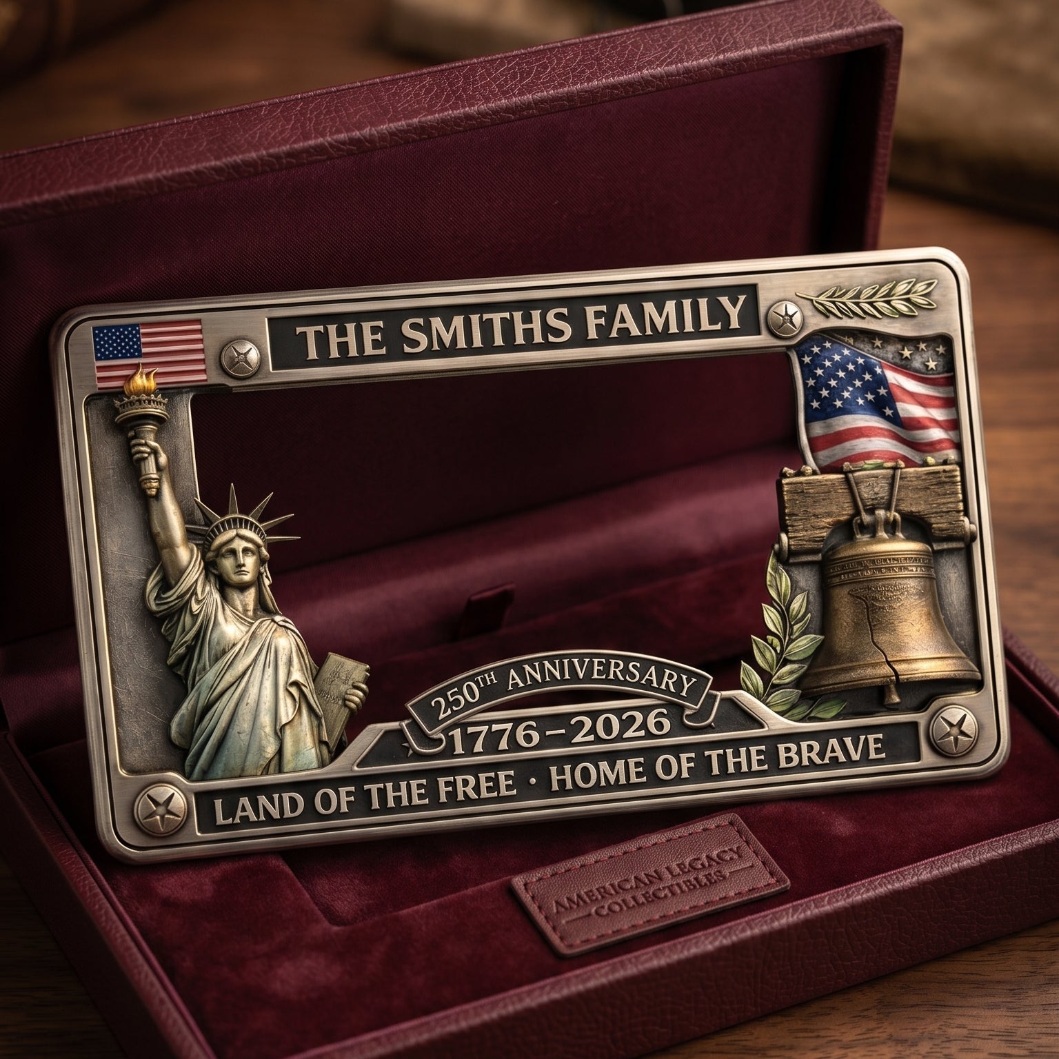 Personalized 250th Anniversary Commemorative License Plate Frame – Patriotic Metal Accessory