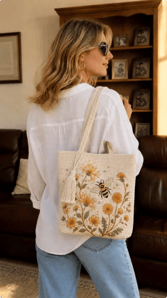 🔥Last Day 49% OFF-🐝 Handmade Crochet Bee Embroidered Tote Bag (✨2026 Limited Edition)