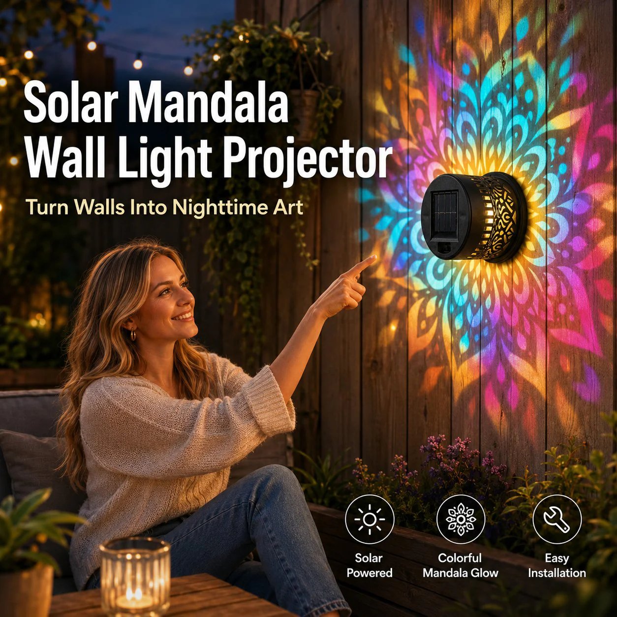 🎁2026 New Arrivals 50% OFF💥Solar Mandala Wall Light Outdoor Garden Fence Projector Lamp Patio Ambient Decor